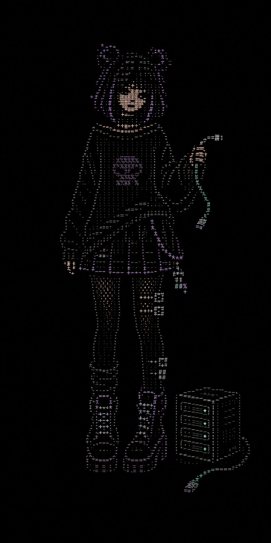 Tall cyber character rendered from punctuation and terminal symbols with purple hair, dark clothing, a cyan cable, and a computer tower.